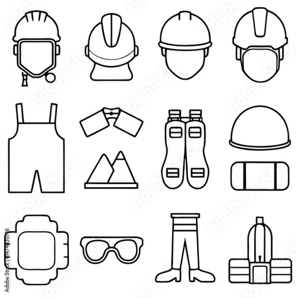 Obraz Outline icons of occupational safety and outdoor equipment