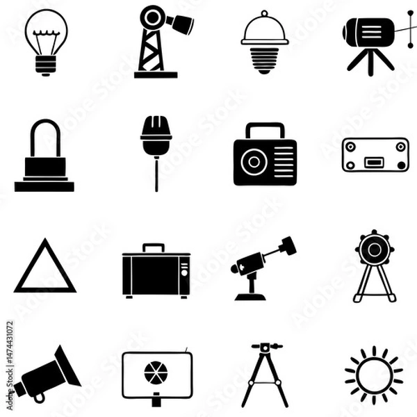 Obraz Collection of black and white media equipment icons