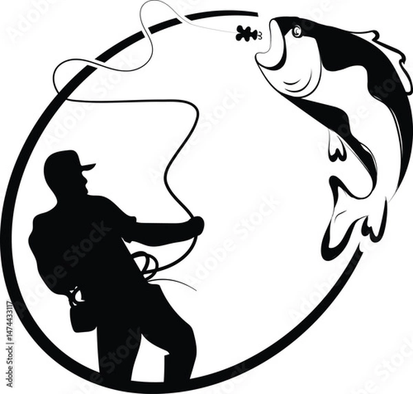 Obraz Fisherman fishing with reel and hook logo icon vector illustration design