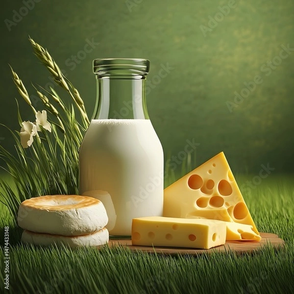 Fototapeta Country organic food product with fresh milk in bottle, cheese and fresh bread on green grass with empty space for text message.