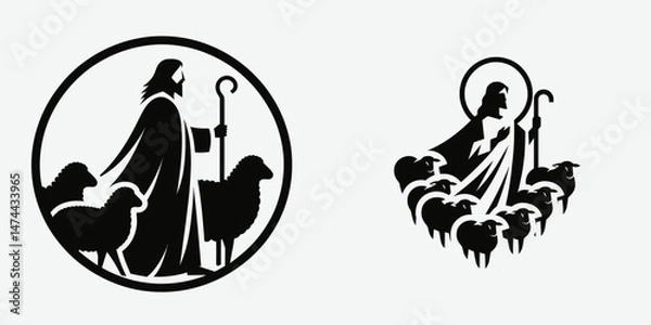 Fototapeta The Jesus Shepherding Sheep. Christian Clipart silhouette Vector Logo Symbol isolated on white background. savior guiding flock a divine paragon of care pastoral devotion theme.