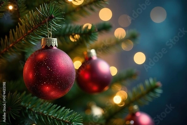 Obraz Sparkling Christmas tree ornaments hanging on a decorated tree branch , luxury, branch