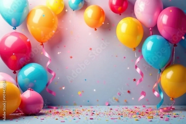 Obraz Vibrant birthday party decorations, colorful balloons, streamers, and confetti , ceiling decorations, shiny