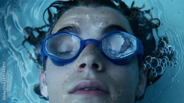 Fototapeta Close-up of swimmer floating in a pool with closed eyes, concept of tranquility