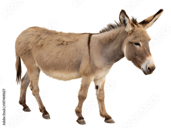 Fototapeta Portrait of a Gray Donkey Standing Sideways Isolated on transparent background cutout, PNG file, Cutout file
