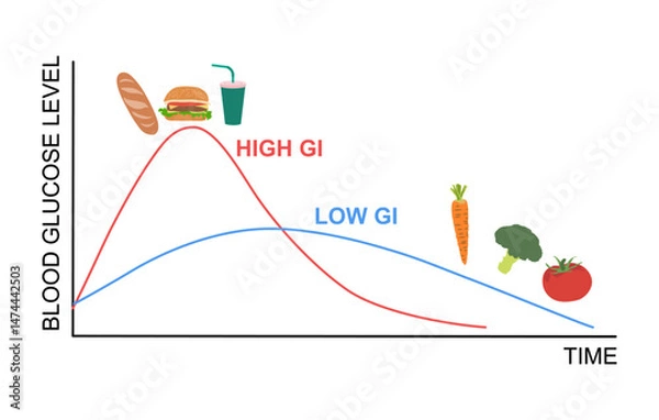 Obraz Glycemic index curve, blood glucose level, low and high carbohydrate levels.