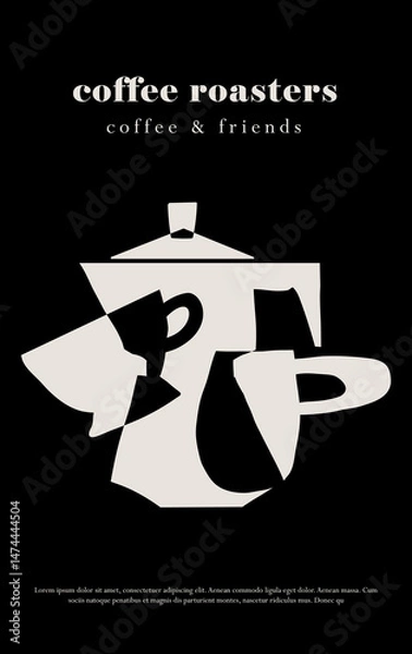 Fototapeta A black and white modern art cutout style design featuring a mocca coffee pot and cups overlapping, and english typography . Vector minimalist abstract composition poster for ads, social media, decor