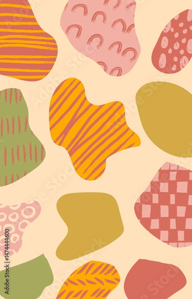 Fototapeta Abstract modern art cutout shapes in pink, green, yellow, and orange with patterns like stripes, dots, and checkerboards. Vector home decor poster design.