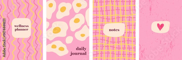 Fototapeta Vector hand-drawn minimalist cover templates with pastel pink/yellow tones, wavy lines, hearts, and eggs. Trendy, playful designs for social media, stationery, and branding