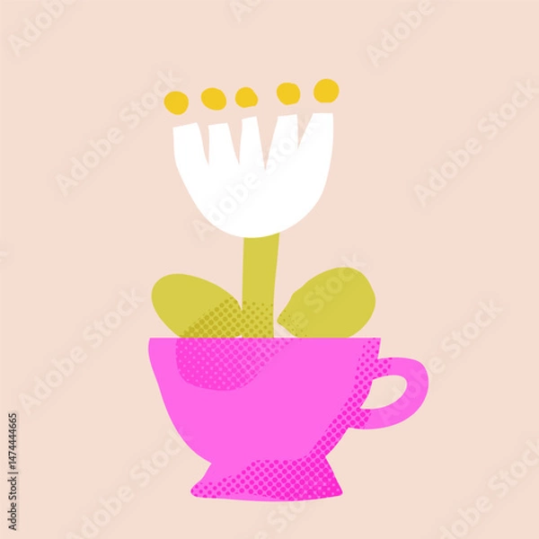 Fototapeta Vector paper cutout flat teacup with abstract flowers bouquet in pastel tones, featuring halftone texture and collage style. Minimalist hand drawn illustration for posters, invitations, and web design