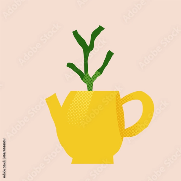 Fototapeta Vector paper cutout flat teapot with abstract flowers bouquet in pastel tones, featuring halftone texture and collage style. Minimalist hand drawn illustration for posters, invitations, and web design