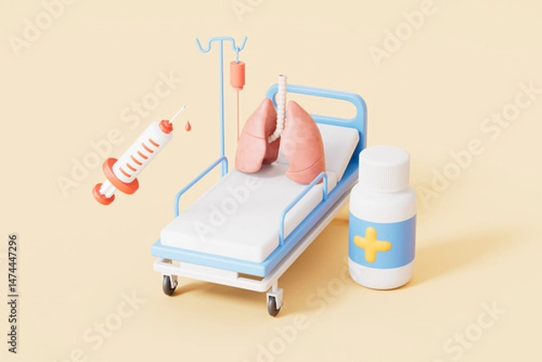 Fototapeta 3d rendering medical lungs and syringe in yellow background