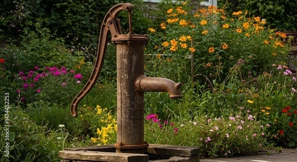 Fototapeta A rusty old water pump is sitting in a garden with flowers
