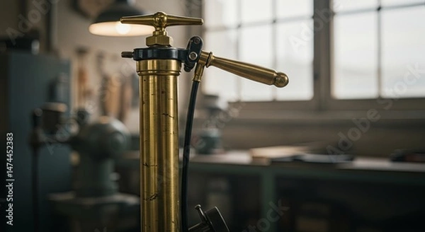 Fototapeta A brass pipe with a gold handle sits on a table in a workshop