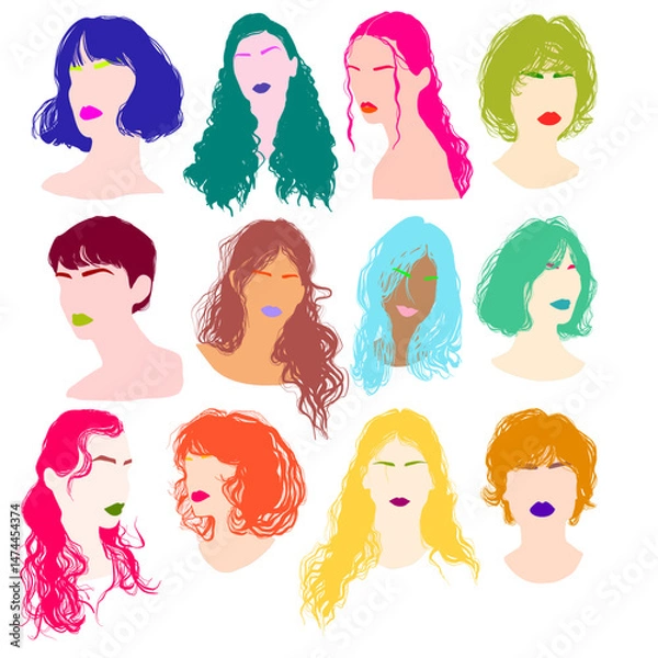Fototapeta Set of 22 multicolor vector fashion illustration. Flat design style hairstyle drawings. Wavy and curly hair and colorful eyebrows and lips. Beautiful women