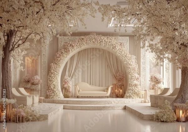 Fototapeta Elegant wedding ceremony venue with a circular floral archway, cream-colored seating, and soft lighting. Lush, light trees and delicate floral arrangements create a serene atmosphere