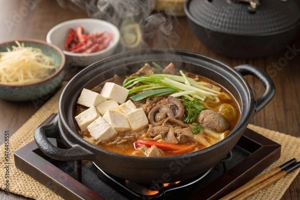 Fototapeta Spicy beef sukiyaki, cooked in a cast iron pot on a portable stove, with tofu, mushrooms and vegetables.