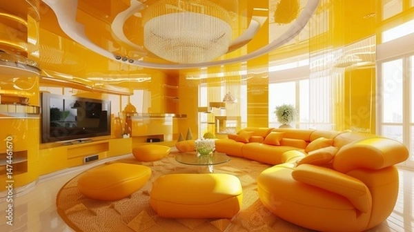 Fototapeta Modern living room interior in high-tech style in yellow tones with a chic sofa and a huge chandelier. Concept of futuristic interior of the future. 3D visualization of the living room.