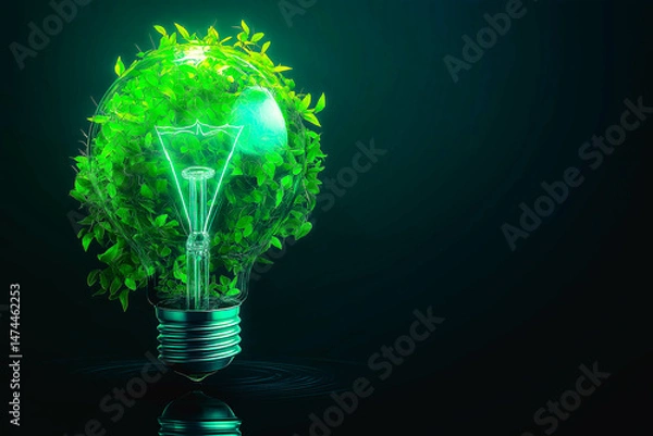 Fototapeta Green energy innovation light bulb with future industry of power generation icon graphic interface. Concept of sustainability development by alternative sources renewable. Ecology and environment