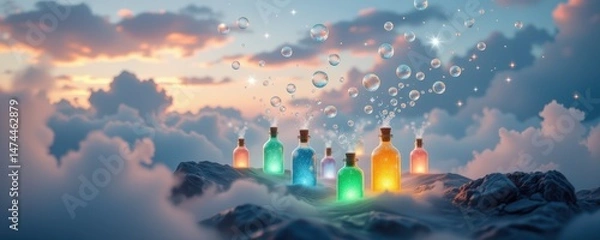 Obraz a soft, misty scene where rare acids in glowing bottles release sparkling bubbles that float upwards