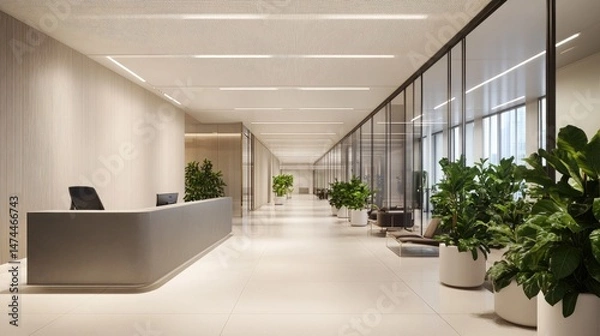 Fototapeta Modern lobby featuring reception desk, planters, white floors and glass walled offices