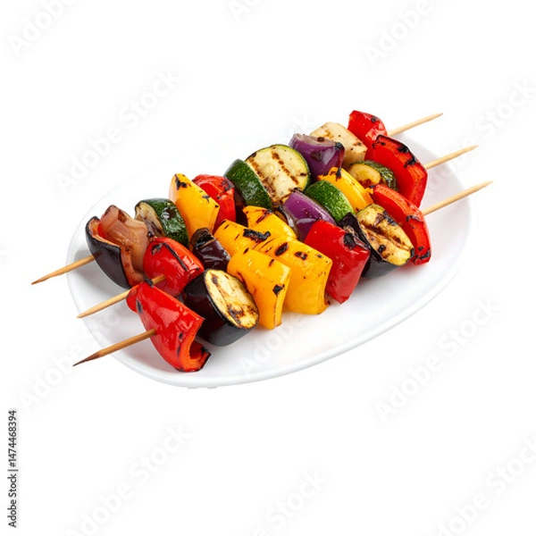 Obraz Colorful grilled vegetable skewers on a white plate, delicious vegan food