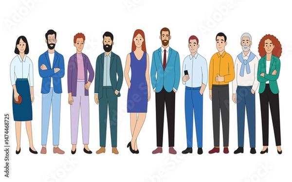Fototapeta Business Team Avatar Set Diverse Office Staff Vector in Formal Attire. Flat Design Vector of Diverse Business People Standing in a Row. Corporate Office Characters in Flat Style.