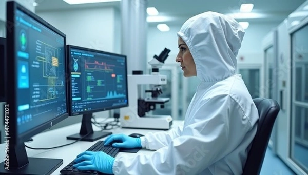 Fototapeta In Laboratory Over the Shoulder View of Scientist in Protective Clothes Doing Research on a Personal Computer. Modern Manufactory Producing Semiconductors and Pharmaceutical Items