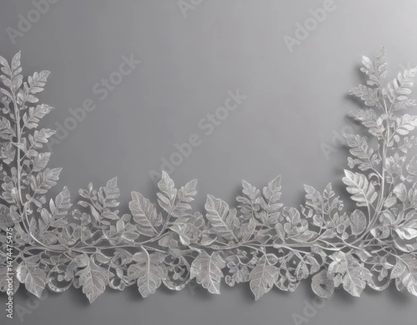 Fototapeta Intricate silver leaf lace border, shimmering; elegant botanical design , metallic, silver, design