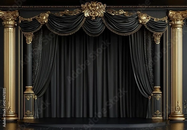 Fototapeta 3D black stage with golden Baroque columns and curtains