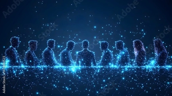 Fototapeta Futuristic meeting scene with blue wireframe figures against a dark blue background, symbolizing connectivity and technology. Abstract wireframe in dark blue.