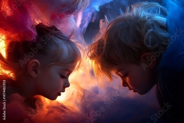 Fototapeta Children immersed in a fantasy world of dreams and imagination through colorful hues