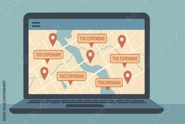 Fototapeta Housing crisis affecting property affordability shown on laptop map