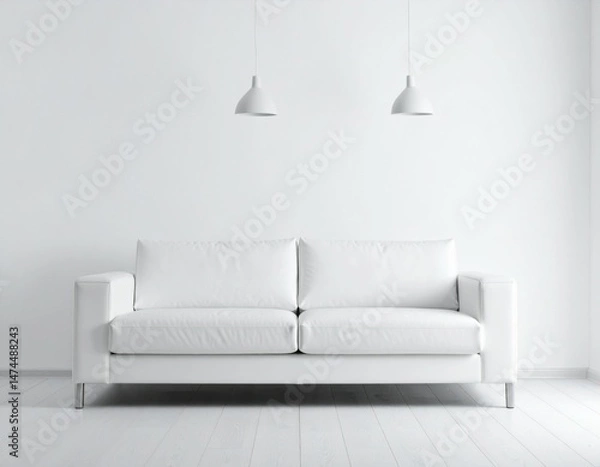 Fototapeta Modern White Sofa in Minimalist Interior with Pendant Lights