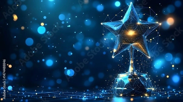 Fototapeta Modern low-poly star trophy design with blue and gold accents against a bokeh background. Represents digital achievement and innovation. Ideal for tech or awards. Abstract wireframe in dark blue.