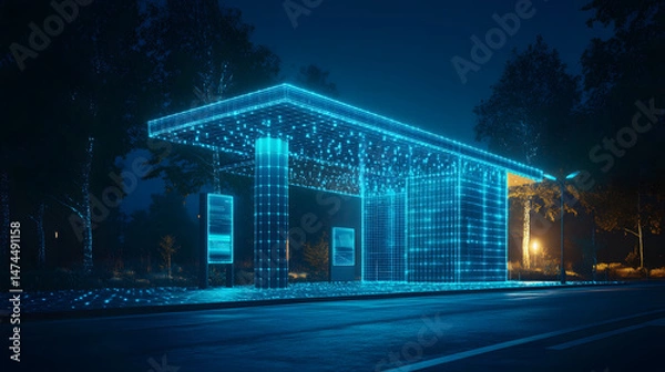 Fototapeta Futuristic bus stop with glowing blue wireframe design at night. Digital signage illuminates the wet road and modern architecture. Abstract wireframe in dark blue