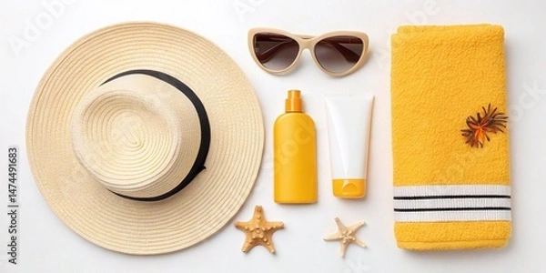 Fototapeta Flat lay for UV Safety Awareness Month. Wide-brimmed hat, UV protection sunglasses, SPF lotion, bright beach towel, clean white background. 