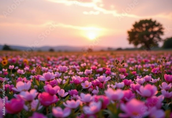 Fototapeta a field of soft petals with oil vials scattered and glowing under soft sky