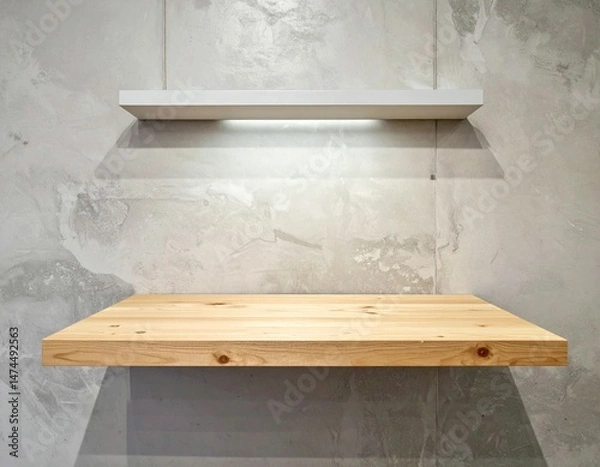 Fototapeta Minimalist Wooden Shelf with Simple Lighting on Concrete Wall