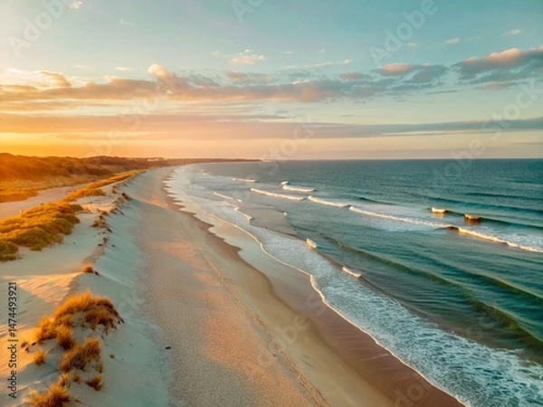 Fototapeta Drone View of a Sunset Over a Deserted Beach - Last Day of Summer