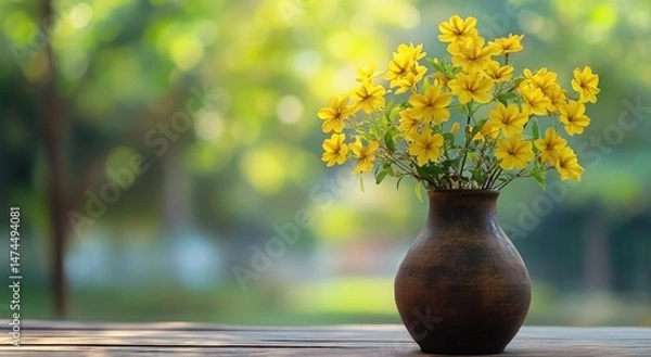 Fototapeta The combination of the brown ceramic vase and yellow flowers is placed on an old wooden table, with blurred green trees in the background