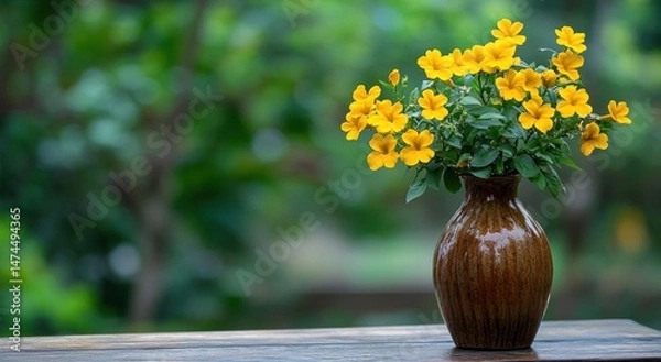 Fototapeta The combination of the brown ceramic vase and yellow flowers is placed on an old wooden table, with blurred green trees in the background