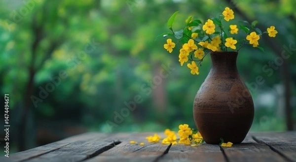 Fototapeta The combination of the brown ceramic vase and yellow flowers is placed on an old wooden table, with blurred green trees in the background