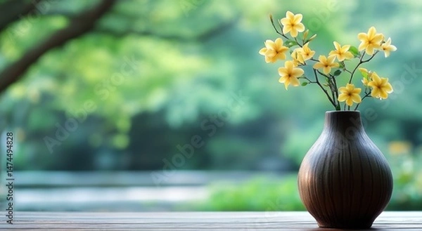 Fototapeta The combination of the brown ceramic vase and yellow flowers is placed on an old wooden table, with blurred green trees in the background