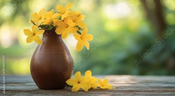 Fototapeta The combination of the brown ceramic vase and yellow flowers is placed on an old wooden table, with blurred green trees in the background