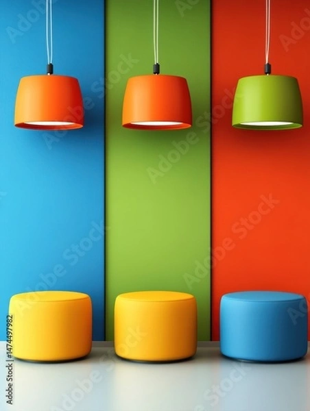 Obraz Brightly colored walls in blue, green, and red feature stylish pendant lights above round seating in matching hues, perfect for modern interior design, cafes, or creative workspaces,