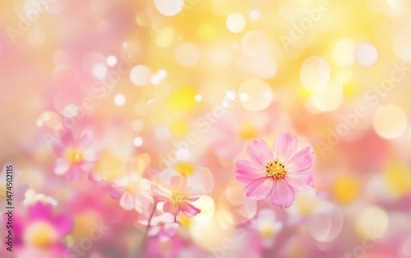 Fototapeta Delicate pink cosmos flowers in a soft, sunlit backdrop.  A gentle blend of pastel colors creates a dreamy, springtime atmosphere, filled with bokeh light effects