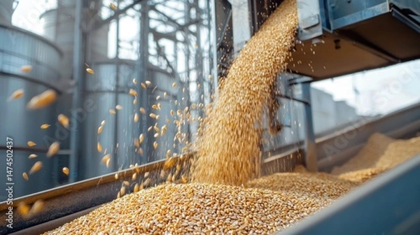 Fototapeta A close-up of a grain elevator with grain being loaded into bins