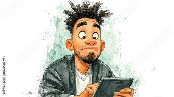 Fototapeta a young mixed race pharmacist using digital tablet ,hand drawing cartoon 2d,funny,issolated on white background,stock photo