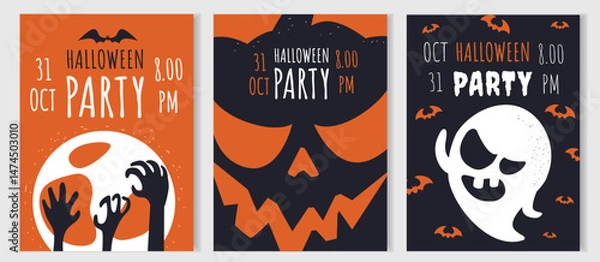 Fototapeta Set of 3 Halloween invitation cards ghost, pumpkin, zombie hands, bats and moon. Bright style, large typography. Suitable for posters, posts and greetings